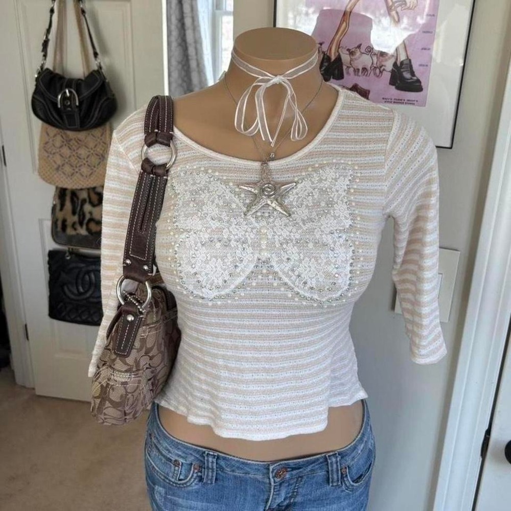 Y2K 2000s Cream Lace butterfly Top